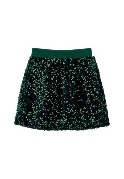 Jupe verte à paillettes avec une large ceinture élastique. Le design présente une surface texturée et brilliante ainsi qu'une forme évasée.