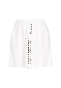 Gonna svasata bianca con una linea decorativa di bottoni frontali in dettaglio nero e accenti a forma di fiore. Tessuto liscio, lunghezza fino a metà coscia.