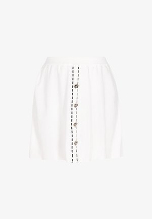 Bílá rozšířená sukně s dekorativním předním řadou knoflíků s černým prošíváním a květinovými akcenty. Hladký materiál, délka nad stehna.