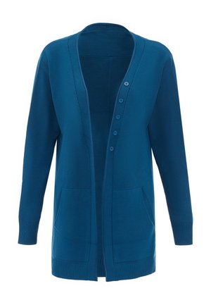 Tyrkysový cardigan vyrobený z měkkého pleteného materiálu, s výstřihem do V, pěti knoflíky, dvěma předními kapsami a žebrovanými manžetami a lemem.