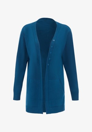 Törökzöld kardigán, puha kötött anyagból, V-nyakkal, öt gombbal, két elülső zsebbel, valamint bordázott mandzsettákkal és szegéllyel.