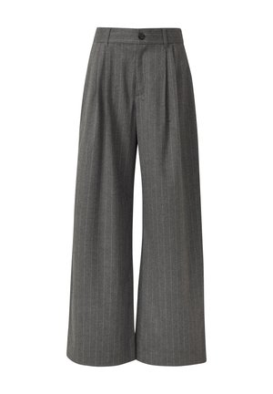Wide-leg trousers in dark gray fabric with vertical white pinstripes. Features a button closure and pleated front detail.