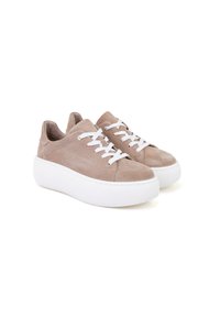 Beige Wildleder-Sneaker mit weißen Gummiplattformsohlen, runder Spitze und weißen Schnürsenkeln. Glatte Textur mit minimalen Nähakzenten.