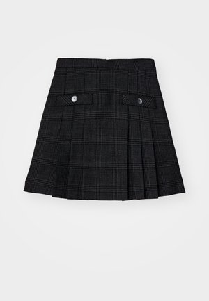 Falda negra con pliegues y un sutil patrón de cuadros, con dos bolsillos frontales tipo solapa cada uno asegurado con un botón negro, presentada sobre un fondo blanco.