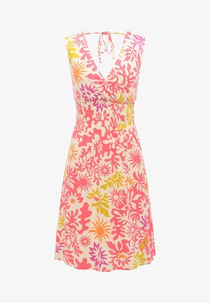 Abito estivo senza maniche con scollo a V, vita elasticizzata e motivo floreale in rosa, arancione, giallo e barriere coralline su sfondo crema.