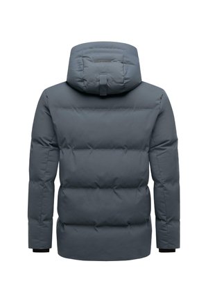 Puffer jacket in dark gray with a hood. Features quilted design, elastic cuffs, and a logo tag above the back neckline.
