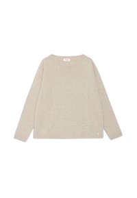 Maglione beige oversize con maniche lunghe, scollo rotondo e orlo a coste. Tocco morbido, design minimal, con un piccolo logo in evidenza.