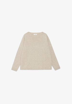 Beige oversize neule, jossa on pitkät hihat, pyöreä kaula-aukko ja ribbed-helma. Pehmeä rakenne, minimaalinen muotoilu, jossa on pieni logoakseli.
