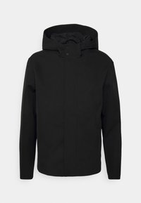 Black, hooded jacket with a streamlined design. Made of smooth fabric, featuring a zippered pocket and snap closures down the front.