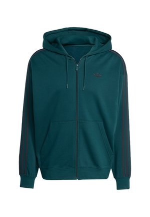 Šviesiai mėlynas zip-up džemperis, pagamintas iš minkštos medžiagos, su kengūros kišene, su raišteliais reguliuojama kapisonu ir tamsiai raudonomis šoninėmis juostomis bei logotipu krūtinėje.