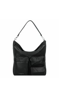 Schwarze Lederhandtasche mit weichem, lässigem Design. Verfügt über vier Vordertaschen und einen einzelnen Schultergurt. Subtle Logo an der Unterseite.