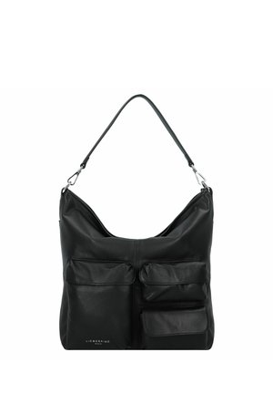 Schwarze Lederhandtasche mit weichem, lässigem Design. Verfügt über vier Vordertaschen und einen einzelnen Schultergurt. Subtle Logo an der Unterseite.