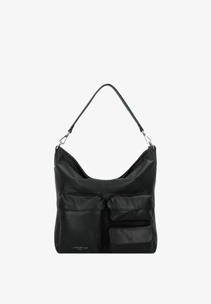 Schwarze Lederhandtasche mit weichem, lässigem Design. Verfügt über vier Vordertaschen und einen einzelnen Schultergurt. Subtle Logo an der Unterseite.