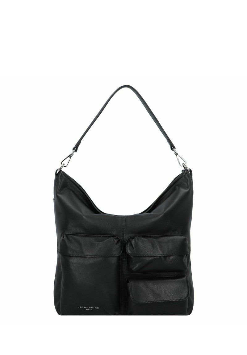 Schwarze Lederhandtasche mit weichem, lässigem Design. Verfügt über vier Vordertaschen und einen einzelnen Schultergurt. Subtle Logo an der Unterseite.