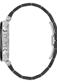 Reloj de pulsera negro y plateado con una correa negra texturizada, caja hexagonal y herrajes plateados. Presenta un acabado pulido y botones de corona visibles.