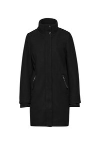 Svart kappa med hög krage, två fickor med dragkedja på sidorna och ribbade ärmslut. Tillverkad av mjukt, strukturerat tyg, med rak passform.