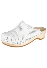 White perforated clogs with wooden sole, featuring silver-tone studs along the edge. Smooth texture and rounded design for comfort.