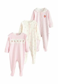 Drie baby rompers: links een roze gestreepte met bloemenborduursel; in het midden een crèmekleurige met fruitpatroon; rechts een lichtroze met klein bloemmotief.