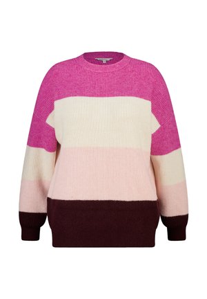 Gebreide trui met een ronde hals, voorzien van horizontale strepen in donker bordeauxrood, lichtroze en felroze. Zachte textuur, ontspannen pasvorm.