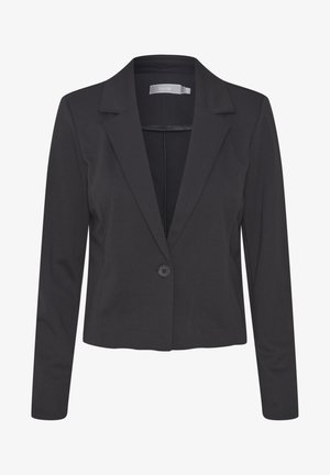 Zwarte op maat gemaakte blazer van gladde stof, met een notch-kraag, een enkele knoopsluiting en lange mouwen.