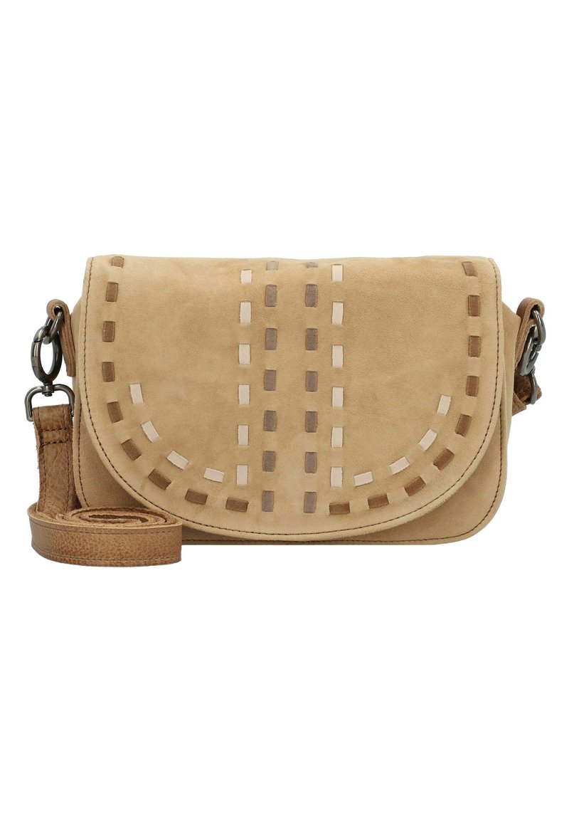 Borsa a tracolla in suede beige con motivi geometrici cuciti, chiusura a pattina e tracolla in pelle removibile.