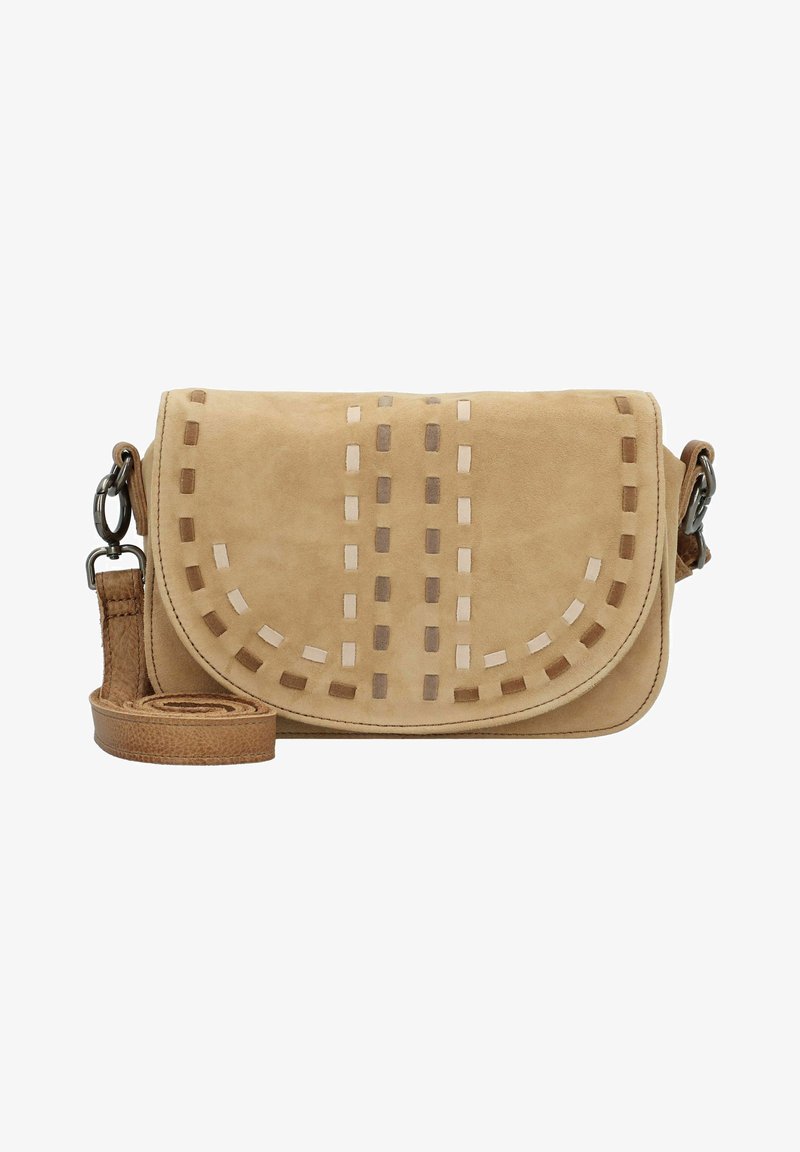 Beige Wildleder-Crossbody-Tasche mit gestickten geometrischen Mustern, einem Klappenverschluss und einem abnehmbaren Ledertragegurt.
