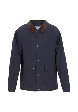 Dunkelblaue Jacke mit einem braunen Lodenkragen, Druckknöpfen und zwei Fronttaschen. Sie hat ein klassisches, strukturiertes Design und eine charakteristische Stofftextur.