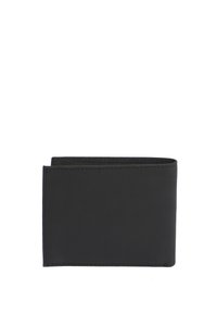 Cartera de cuero negro con una textura suave, diseño de doble pliegue y bordes cosidos. Estilo minimalista, sin marcas visibles ni patrones.