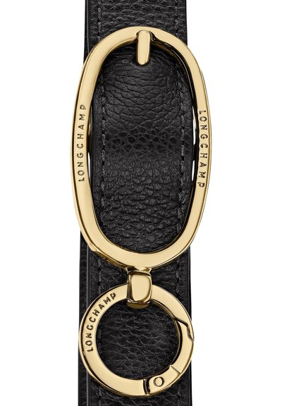 Schwarzer strukturierten Lederarmband mit goldenen ovalen und runden Metallringen, die mit "LONGCHAMP" eingraviert sind.