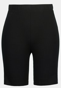 Black, knee-length shorts made of smooth fabric with an elastic waistband and no pockets or visible seams. Simple, fitted design.