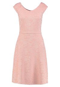 Ärmlös, ljusrosa klänning med knälängd, subtil blommig jacquardmönster och V-ringning.