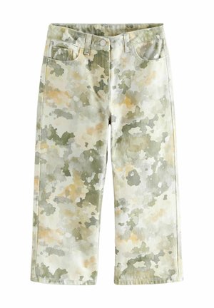 Pantalon camouflage coupe droite en tons beige, vert et gris avec passants de ceinture et fermeture bouton à la taille.