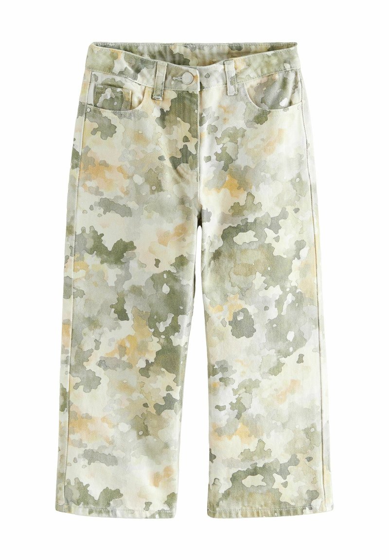 Pantalon camouflage coupe droite en tons beige, vert et gris avec passants de ceinture et fermeture bouton à la taille.