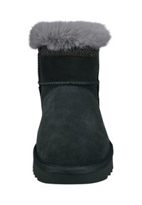 Schwarze Wildleder-Ankle-Boots mit einem grauen Pelzkragen, strukturiertem Obermaterial und einer schwarzen Gummisohle. Verfügt über eine Nahtdetails am Obermaterial.