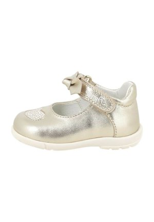 Scarpa Mary Jane per bambini in oro metallico con cinturino in Velcro e fiocco decorativo, colletto imbottito e suola in gomma bianca.
