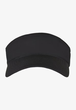 Black visor hat with a wide, flat brim and a smooth surface. Textured stitching along the edges adds detail to the overall design.
