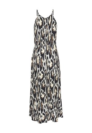 Ärmelloses langes Kleid mit verstellbaren Trägern und Leopardenmuster in Schwarz, Braun und Beige, mit Knöpfen auf der Vorderseite.