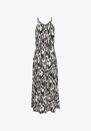 Ärmelloses langes Kleid mit verstellbaren Trägern und Leopardenmuster in Schwarz, Braun und Beige, mit Knöpfen auf der Vorderseite.