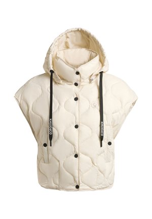 Gilet trapuntato senza maniche color crema con cappuccio, bottoni a pressione neri, cordoncini neri con testo bianco e tasche laterali.