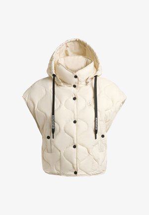 Kremasto obojena prsluk bez rukava s kapuljačom, prošiven, s crnim drukerima, crnim vezicama s bijelim tekstom i bočnim džepovima.