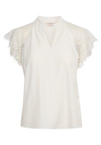 Blouse crème avec un col mandarin, comportant des manches courtes en dentelle, une coupe décontractée et une petite ouverture en V. Texture de tissu lisse.