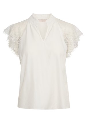 Crème blouse met een mao-kraag, voorzien van korte mouwen van kant, een relaxed fit en een kleine V-halsopening. Soepele stoftextuur.