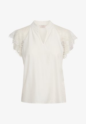 Cremefarbene Bluse mit Stehkragen, die kurzärmelige Spitzenärmel aufweist, eine lockere Passform hat und eine kleine V-Ausschnittöffnung besitzt. Glatte Stoffoberfläche.
