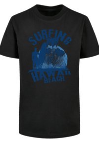 Black cotton t-shirt featuring blue graphic print of a wave, surfer, and palm trees with the text “Surfing Hawaii Beach.” Short sleeves, crew neck.