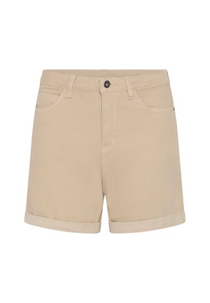 Shorts ajustés beige avec bouton sur le devant, passants pour ceinture, poches avant et ourlet replié, présentés sur un fond blanc.