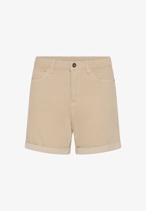 Bež kratke hlače po meri z gumbom spredaj, zankami za pas, sprednjimi žepi in zloženo robom, prikazane na belem ozadju.