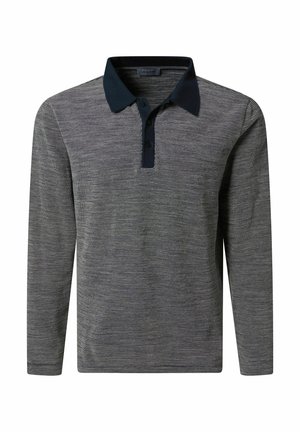 Langärmeliges Poloshirt in Grau mit strukturiertem Muster, ausgestattet mit einem dunkelblauen Kragen und einer Knopfleiste mit drei Knöpfen.