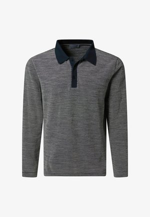 Langärmeliges Poloshirt in Grau mit strukturiertem Muster, ausgestattet mit einem dunkelblauen Kragen und einer Knopfleiste mit drei Knöpfen.