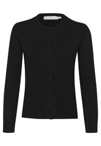 Cardigan nero realizzato in morbido materiale, caratterizzato da un collo rotondo, maniche lunghe e chiusura con bottoni frontalmente. Texture liscia, design aderente.