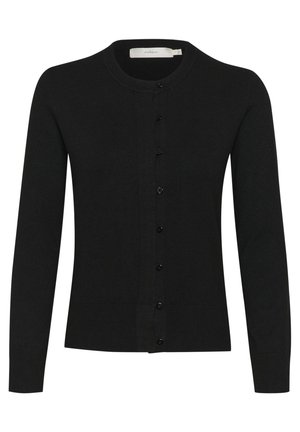 Zwarte vest gemaakt van zacht materiaal, met een ronde halslijn, lange mouwen en knoopsluiting aan de voorkant. Glad textuur, getailleerd ontwerp.